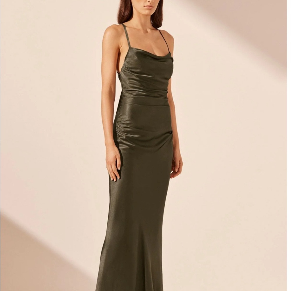 Shona Joy Olive Green Satin Cowl Neck Slip Gown